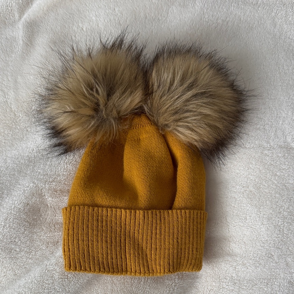 Cozy Mustard Knit Beanie with Faux Fur Pom Poms